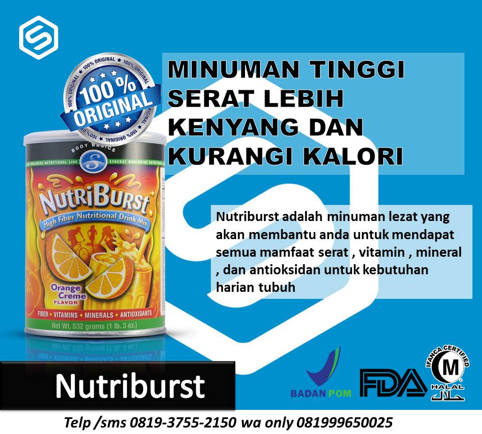 nutriburst adalah minuman lezat yang akan membantu anda untuk mendapat semua mamfaat serat , vitamin , mineral , dan antioksidan untuk kebutuhan harian tubuh